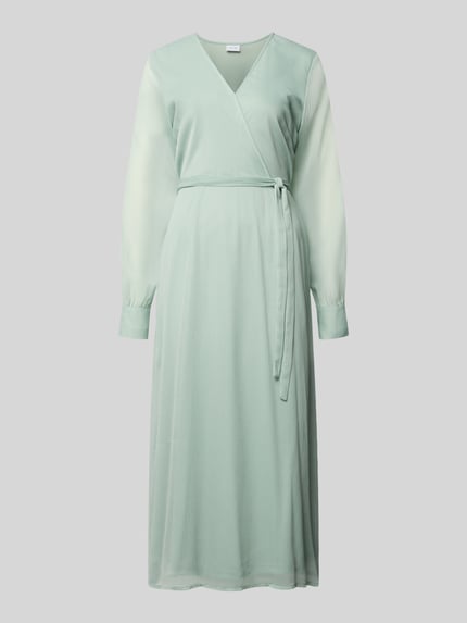 Produktfoto, Midikleid mit Taillenband Modell 'FALIA' von Vila in Mintgrün, Wickel-Optik, semitransparente Ärmel, blickdichter Unterrock