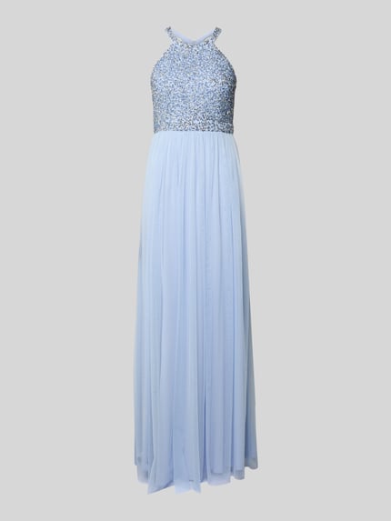 Productfoto, Abendkleid mit Strasssteinbesatz und Rundhalsausschnitt van Jake*s Cocktail, lichtblauw, chiffon, a-lijn, maxijurk, ronde hals, strasssteentjes, cut-out en haak- en ritssluiting achter, lengte 135 cm, borstwijdte 39 cm