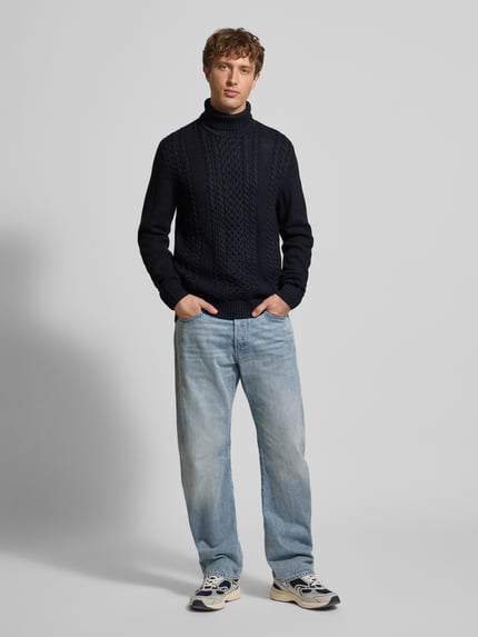 JACK & JONES Rollkragenpullover mit Zopfmuster Modell 'PAUL' Marine 1