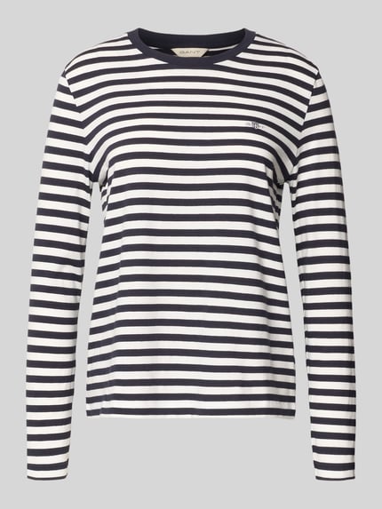 Produktfoto, Longsleeve mit Label-Stitching von Gant in Schwarz-Weiß gestreift, reine Baumwolle, Regular Fit, Rundhalsausschnitt, Damen