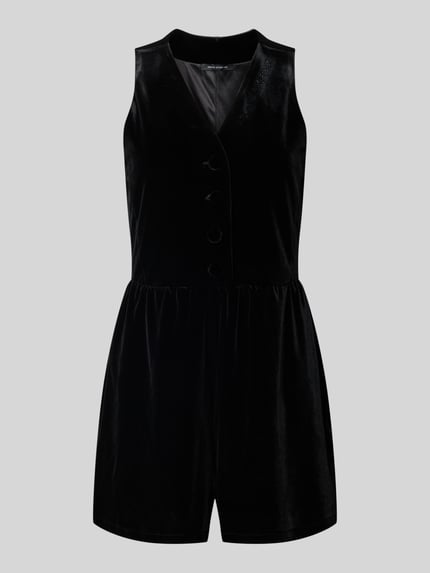 Produktfoto, Jumpsuit mit V-Ausschnitt und Knopfleiste von Armani Exchange, czarny Aksamit, Mieszanka materiałów z dodatkiem streczu, krój regular fit, całkowita długość 79 cm, Długość tyłu 39 cm, Szerokość w rozmiarze S 41 cm, Długość wewnętrzna nogawki 8 cm