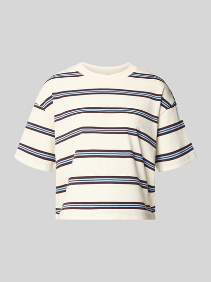 Produktfoto, Regular Fit T-Shirt aus reiner Baumwolle von Marc O'Polo Denim, cremefarben mit blauen und braunen Streifen, glatte Textur. Damen T-Shirt
