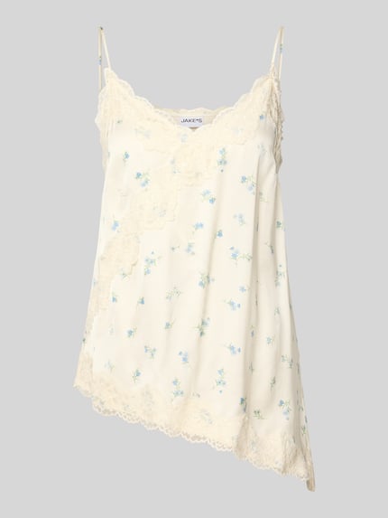 Produktfoto, Blusentop aus Viskose mit Spitzenbesatz von Jake*s Casual, cremefarben mit zarten Blumen, asymmetrische Form, feine Textur