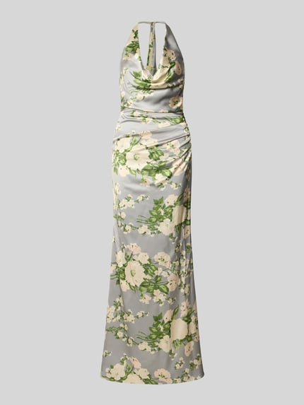 Produktfoto, Abendkleid mit floralem Allover-Print von Mascara aus Satin in Taillierter Passform mit Raffung, Neckholder und Rückenausschnitt. Rückenlänge bei Größe 36: 160 cm, Brustweite bei Größe 36: 40 cm. Floraler-Print in Grün und Creme auf grauem Grund.