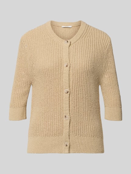 Produktfoto, Strickshirt mit 1/2-Arm Modell 'Donousa' von OPUS, krój regular fit, okrągły dekolt, listwa guzikowa, beżowa dzianina, damska, długość tyłu w rozmiarze 36: 60 cm, długość rękawów w rozmiarze 36: 36 cm