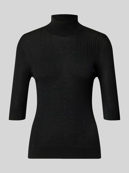 Productfoto, Slim Fit Longsleeve uit pure lamswol model 'Maglia Costine' van Liu Jo White, zwart, ribbelstructuur, semi-transparant, opstaande kraag, halve mouw, damesmode