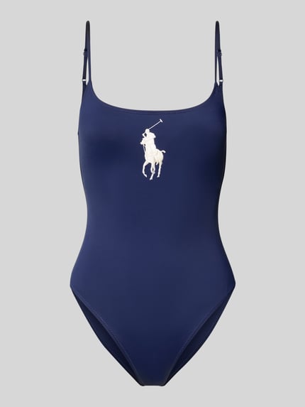 Produktfoto, badpak met gestikt logo van Polo Ralph Lauren in effen kleuren, u-hals, verstelbare spaghettibandjes, stretch-materiaal