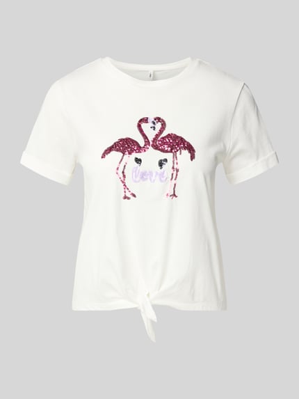 Produktfoto, Regular Fit T-Shirt aus reiner Baumwolle Modell 'DORA LIFE' von Only, unifarbenes Damen-T-Shirt mit Pailletten-Applikation, Knotendetail, Rundhals, kurzarm, glatte Struktur