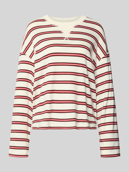 Produktfoto, Relaxed Fit Longsleeve aus Baumwoll-Mix mit Streifenmuster von Closed, creme mit roten und braunen Streifen, Rundhalsausschnitt, Rückenlänge bei Größe S 59 cm
