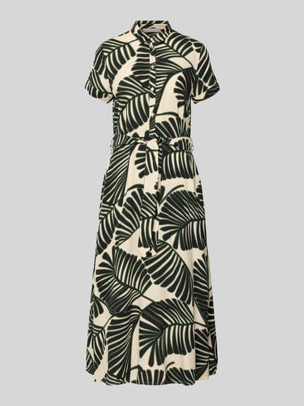 Produktfoto, Hemdblusenkleid aus Viskose mit Bindegürtel von Christian Berg Woman, grün-weißes Blätterprint, taillierter Schnitt, Midikleid.