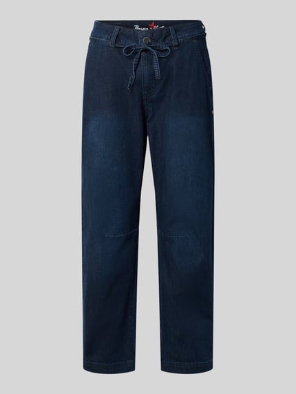 Produktfoto, Barrel Fit Jeans mit Fransen und Schnürung von Buena Vista, dunkelblauer Baumwoll-Lyocell-Mix, Eingrifftaschen, Bundweite 38 cm, Innenbeinlänge 68 cm