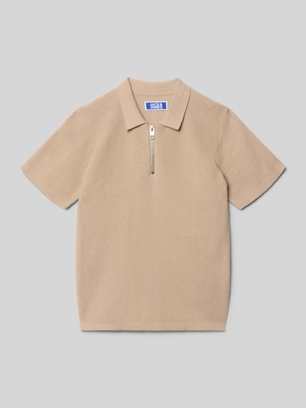 Productfoto, Regular Fit Poloshirt in breistructuur Model 'Max' van Jack & Jones, beige katoen, korte mouwen, ritssluiting, dames