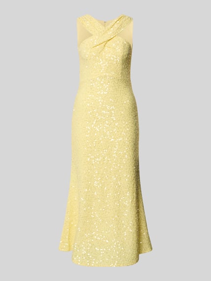 Produktfoto, Midikleid mit Pailletten von Little Mistress in Gelb, A-Linie, Strukturmuster, rückseitiger Reißverschluss, Rückenlänge 125 cm bei Größe 36