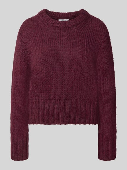 Produktfoto, Relaxed Fit Strickpullover mit Baumwoll-Anteil von Topshop, mieszanka bawełny, krój relaxed fit, okrągły dekolt, prążkowane wykończenia, krój z długim rękawem, długość tyłu w rozmiarze S: 50 cm, długość rękawów w rozmiarze S: 63 cm, kolor bordowy, miękka dzianina