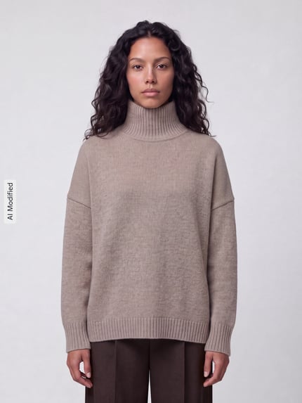 Vrouwenmodel draagt Loose Fit Pullover uit pure wol model 'BORGIA' van Weekend Max Mara, beige effen structuur, Ganzkörperansicht van voren, KI-modifiziertes Bild