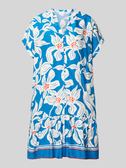 Produktfoto, Knielanges Kleid aus Viskose mit Knopfleiste Modell 'Rylie' von GUIDO MARIA KRETSCHMER WOMAN, blau mit weißen floralen Mustern, gerader Schnitt, Serafino-Kragen, kräftige Farben, glatte Textur