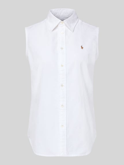 Produktfoto, Regular Fit Blusentop aus reiner Baumwolle von Polo Ralph Lauren in Weiß, Hemdblusenkragen, Logo-Stitching, unifarben, abgerundeter Saum