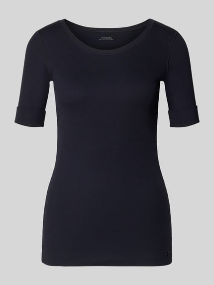 Produktfoto, T-Shirt mit Ärmelaufschlag und Rundhalsausschnitt von Marc Cain, Damen T-Shirt aus Baumwoll-Mix mit Stretch-Anteil, Körpernaher-Schnitt, Feinripp, Rückenlänge 62 cm in Größe 36, Farbe dunkelblau, glatte Textur