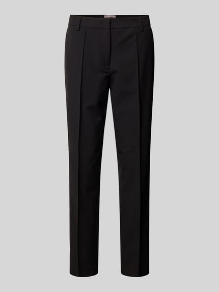 Produktfoto, Hose in verkürzter Passform mit Längsnähten von Christian Berg Woman Selection, schwarze Farbe, Material-Mix mit Viskose-Anteil, Gesäßtasche, Bundweite 41 cm, Innenbeinlänge 71 cm, schlichte Oberflächenstruktur