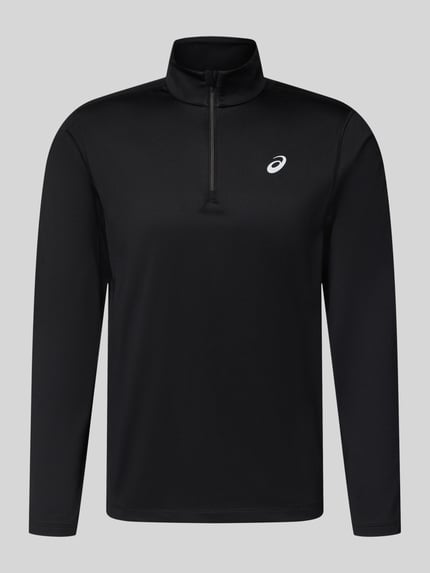 Produktfoto, schwarzes Funktionsshirt mit Logo und Reißverschluss von ASICS, Material-Mix mit Stretch, Regular Fit, Stehkragen, Longsleeve.