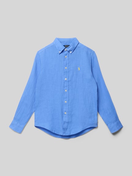 Produktfoto, Regular Fit Vrijetijdsoverhemd uit linnen van Polo Ralph Lauren Teens in effen blauw met gestikt logo, afgeronde rompzoom