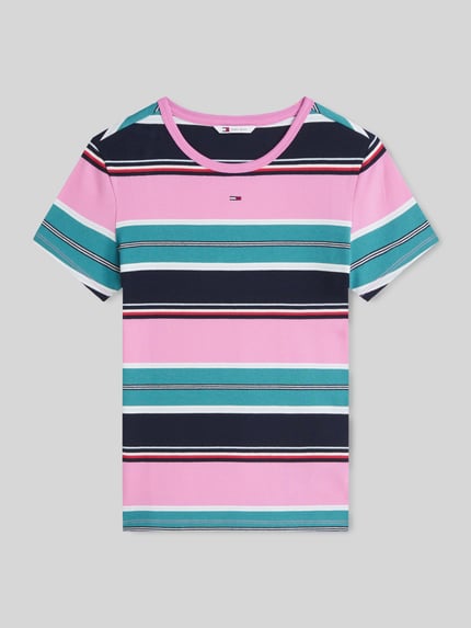 Tommy Jeans Slim Fit T-Shirt aus Baumwoll-Mix in Rippstrick Pink 2