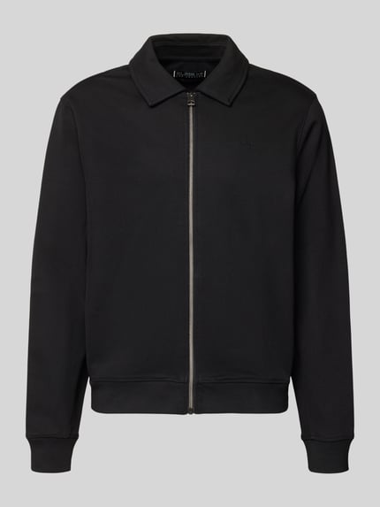 Produktfoto, Regular Fit Sweatjacke aus elastischem Baumwoll-Mix von GUESS in Schwarz, Umlegekragen, Label-Detail, elastische Abschlüsse.