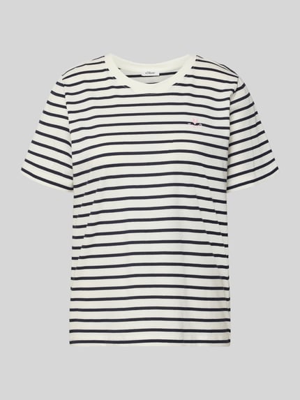 Productfoto, Regular Fit T-Shirt uit pure katoen van s.Oliver RED LABEL in uni-look met gestreept patroon, stitching applicatie, ronde hals en korte mouw, jerseystructuur