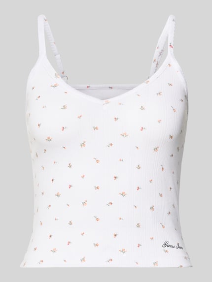 Produktfoto, Trägertop mit V-Ausschnitt und Logo van Guess Jeans, wit met kleine bloemen, regular fit, viscosemix, verstelbare spaghettibandjes