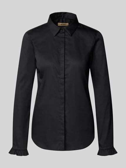 Produktfoto, schwarze Hemdbluse aus Baumwoll-Mix Modell 'Mattie' von MOS MOSH, Slim Fit, Knopfleiste, Rüschen, Hemdblusenkragen