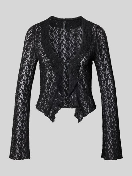 Produktfoto, Slim Fit cardigan met katoen, Model 'ODINE' van ONLY, all-over bloemenmotief, met kant, V-hals, mesh-look, zwarte kleur