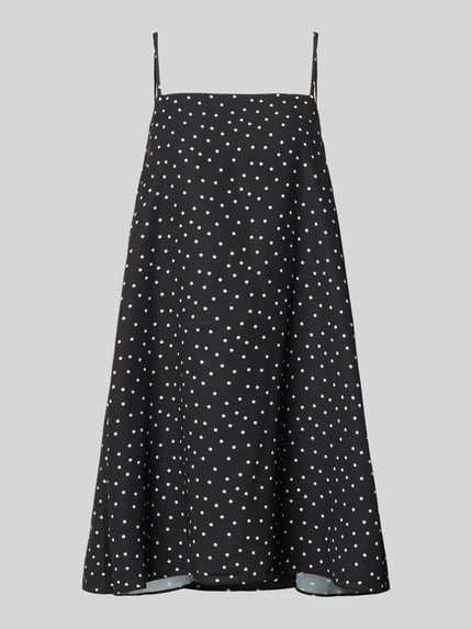 Produktfoto, Minikleid im Allover-Look mit Spaghettiträgern von REVIEW aus schwarzem Satin in A-Linie, feine weiße Punkte, glatte Satin-Haptik.