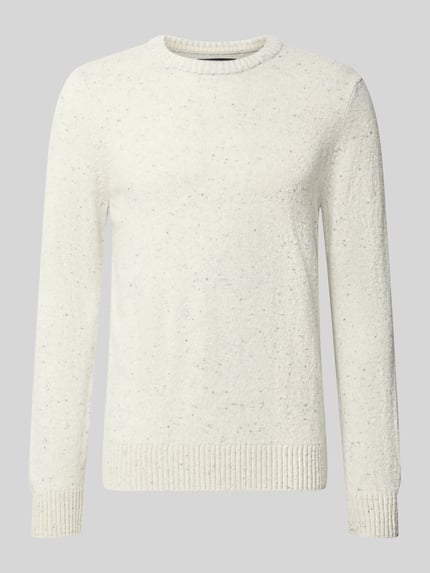 Produktfoto, Pullover mit Logo-Detail von MARC O'POLO in cremefarbener Melange-Strickoptik, langarm, Regular Fit, Feinstrickstruktur, Rundhals, gerippte Abschlüsse, ohne Taschen