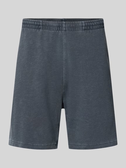 Produktfoto, Regular Fit Shorts mit elastischem Bund Modell 'Harper' von Carhartt Work In Progress aus Reine gewachste Baumwolle in dunklem Blau, feine Struktur, Herren Shorts, Bundweite 44 cm, Innenbeinlänge 17 cm, Größe M.