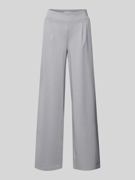 Produktfoto, Wide Fit Stoffhose mit Viskose-Anteil Modell 'Kate' von ICHI in Hellgrau, Bundfalten, elastischer Material-Mix, glatte Struktur