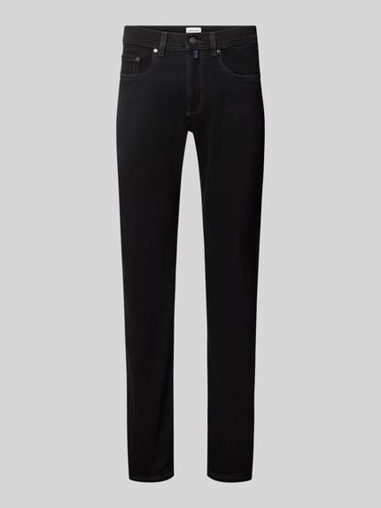 Produktfoto, Regular Fit Jeans mit Label-Detail Modell 'Lyon' von Pierre Cardin, czarny bawełniany stretch, pięć kieszeni, szerokość w rozmiarze 32/34: 43 cm, długość wewnętrzna nogawki: 85 cm