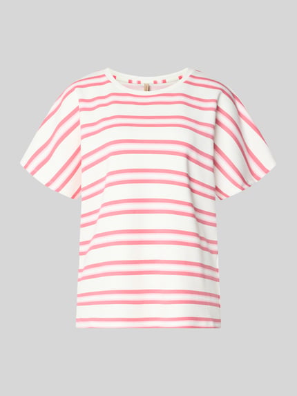 Productfoto, T-shirt met ronde hals Model 'BARNI' van Soyaconcept, relaxed fit, wit met roze strepen, materiaal-mix met modal.