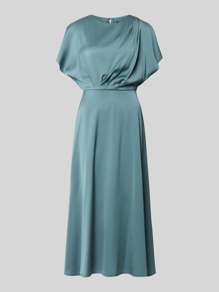 Produktfoto, Midikleid aus Satin von SWING in Blau, taillierte Passform, gelegte Falten, U-Boot-Ausschnitt, ärmellos, glatte Textur