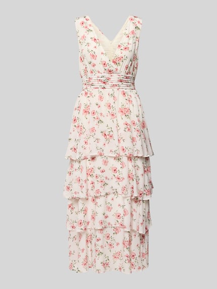 Produktfoto, wielokolorowe Cocktailkleid aus Viskose im Stufen-Look von GUIDO MARIA KRETSCHMER WOMAN, krój taliowany, długość midi, V-dekolt, pasek w talii, tekstura zwiewna, wzór kwiatowy, Szerokość w rozmiarze 36: 45 cm, długość tyłu: 113 cm