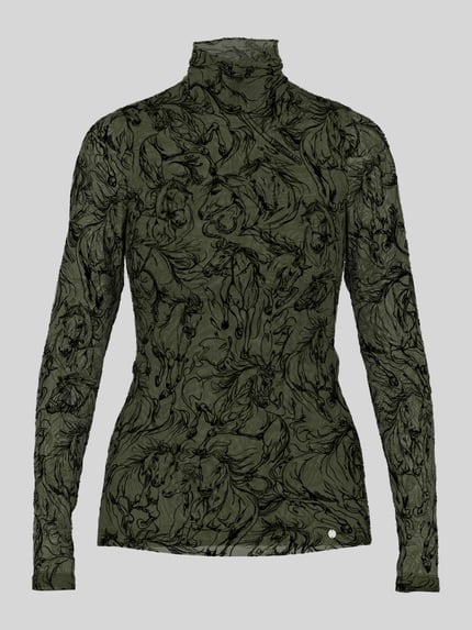 Produktfoto, Longsleeve aus Mesh von Marc Cain in Olivgrün mit schwarzem Muster, taillierter Schnitt, Material-Mix mit Viskose-Anteil, Rollkragen.