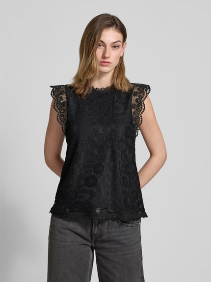 PIECES Shaped Fit Blusentop mit Spitzenbesatz Modell 'OLLINE' Black 4