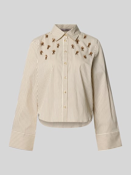 Produktfoto, Regular Fit Bluse im Allover-Look mit Perlen van Christian Berg Woman Selection, katoenmix met stretch, overhemdkraag, knoopsluiting, ruglengte 59 cm, mouwlengte 61 cm, pailletten, beige met bruine strepen, fijne stoftextuur.