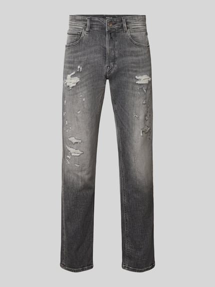 Produktfoto, Straight Leg Jeans im Used-Look Modell 'Grover' von Replay, grauer Baumwoll-Mix mit Stretch, 5-Pocket-Design, leichte Destroyed-Details, Knopf- und Reißverschluss, sichtbare Abnutzungsspuren, klassische Passform, für Herren