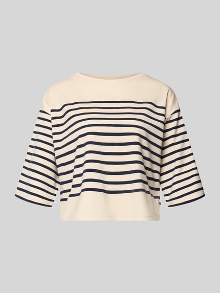 Produktfoto, Boxy Fit T-shirt met 3/4-mouw van ROBE LÉGÈRE, katoenmix met modal, ronde hals, beige met donkerblauwe strepen, ruglengte 46 cm bij maat S