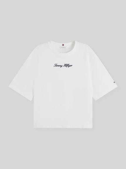 Tommy Hilfiger loose fit T-shirt van zuivere katoen met labelopschrift Ecru - 2