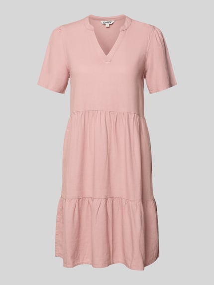 Produktfoto, A-Linie Freizeitkleid aus Viskose-Leinen-Mix Modell 'TIRI-GOA' von Only, różowy, gładki, mini długość, dekolt V, krótki rękaw, flammgarn