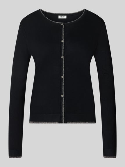Produktfoto, schwarzer Slim Fit Cardigan aus Viskose-Mix Modell 'MAGLIA APERTA' von Liu Jo White, glatte Oberfläche, silberfarbene Knöpfe