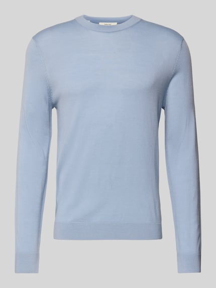 Produktfoto, Regular Fit Pullover aus reiner Wolle Modell 'TRAY' von SELECTED HOMME in Hellblau, unifarben, Feinstrick, Rundhals, gerippte Abschlüsse.