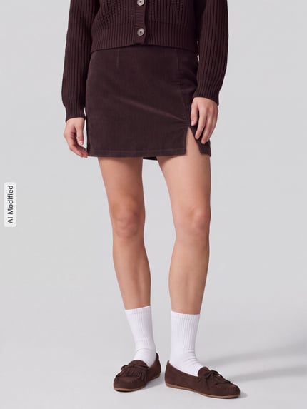 Vrouwenmodel draagt Körpernaher Mini-Rock aus katoenmix model 'LULA' van VERO MODA in bruin, gestructureerde stof, detailopname, KI-modificeerd beeld