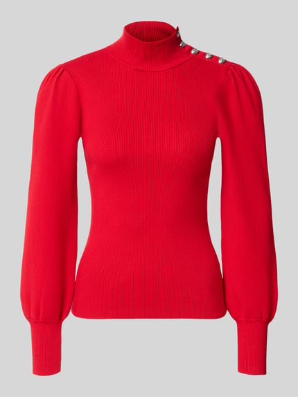 Productfoto, felrode Slim Fit Turtleneck-Pullover aus Baumwoll-Modal-Mix van Lauren Ralph Lauren met structuur en zilverkleurige knopen op de schouder